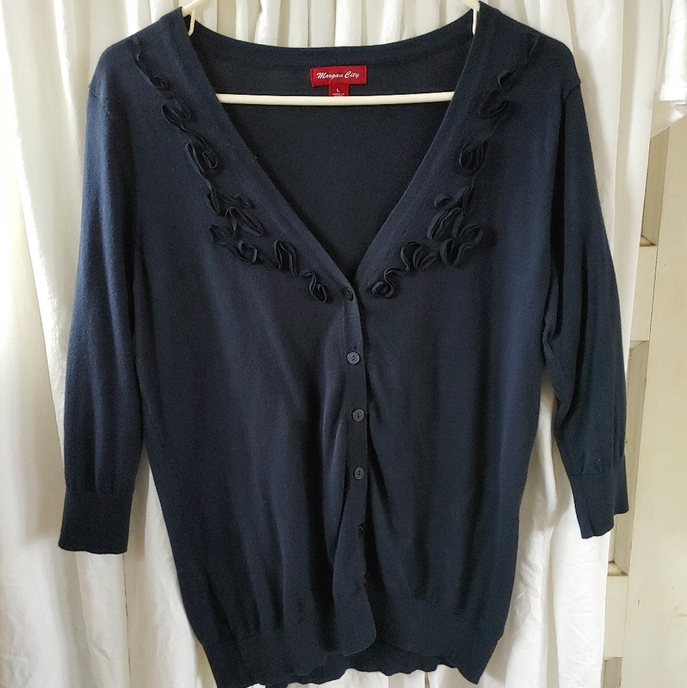 Morgan City 3/4 slv, ruffled front cardigan A08D